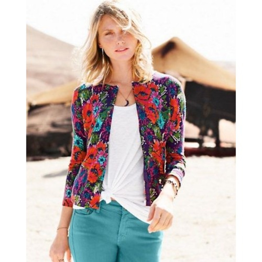 Garnet Hill Merino‎ Wool Floral Cardigan Sweater Button Down Multi Color Sz S